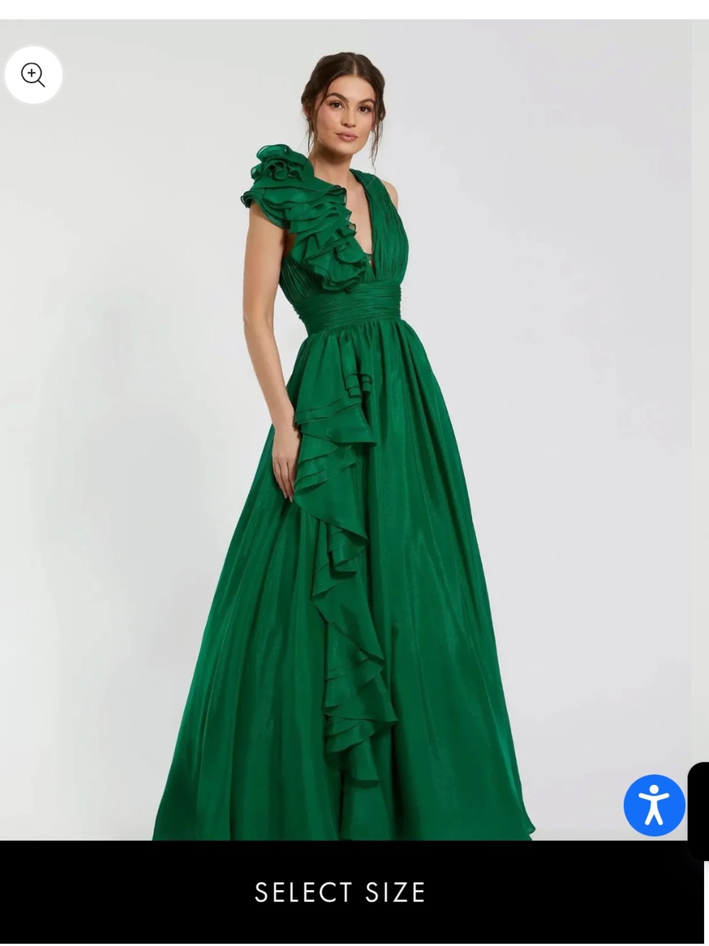 Xscape Emerald Green One-Shoulder Ruffle Evening Gown